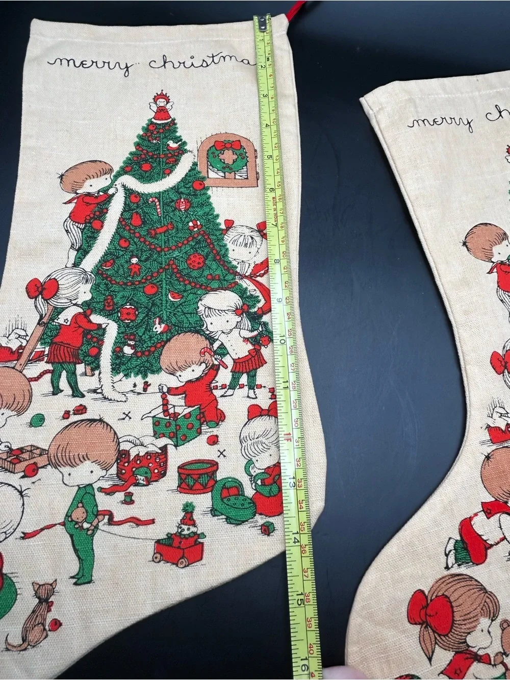 Classic Merry Christmas Holiday Stockings in Cream, Green & Red